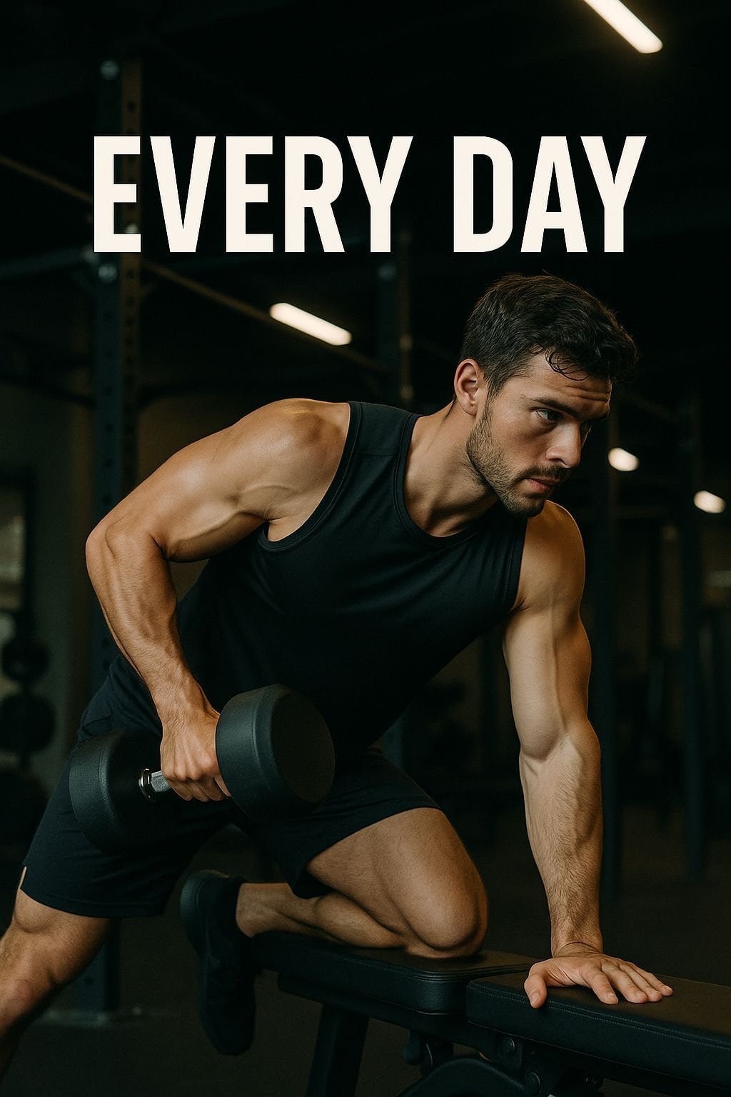 Diligent man lifting dumbbell during strength training workout at gym.