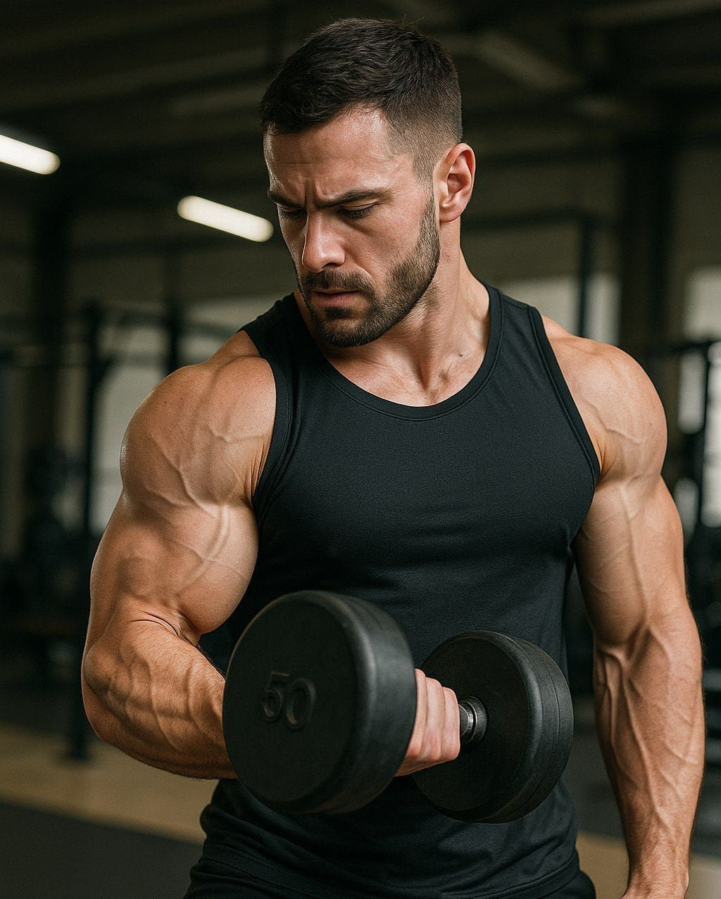 Man lifting dumbbell during strength training workout.